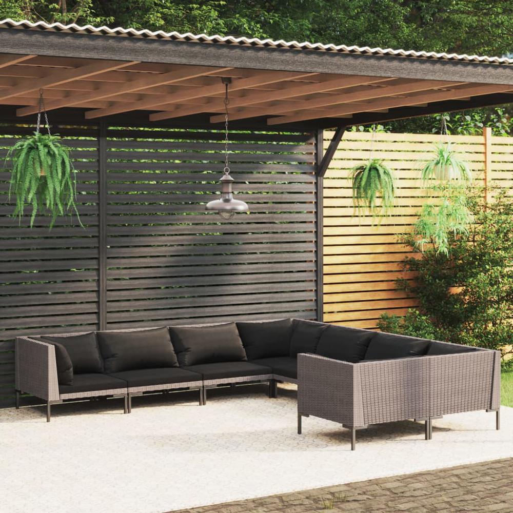 vidaXL 8 Piece Patio Lounge Set with Cushions Poly Rattan Dark Gray, 3099908. Picture 1