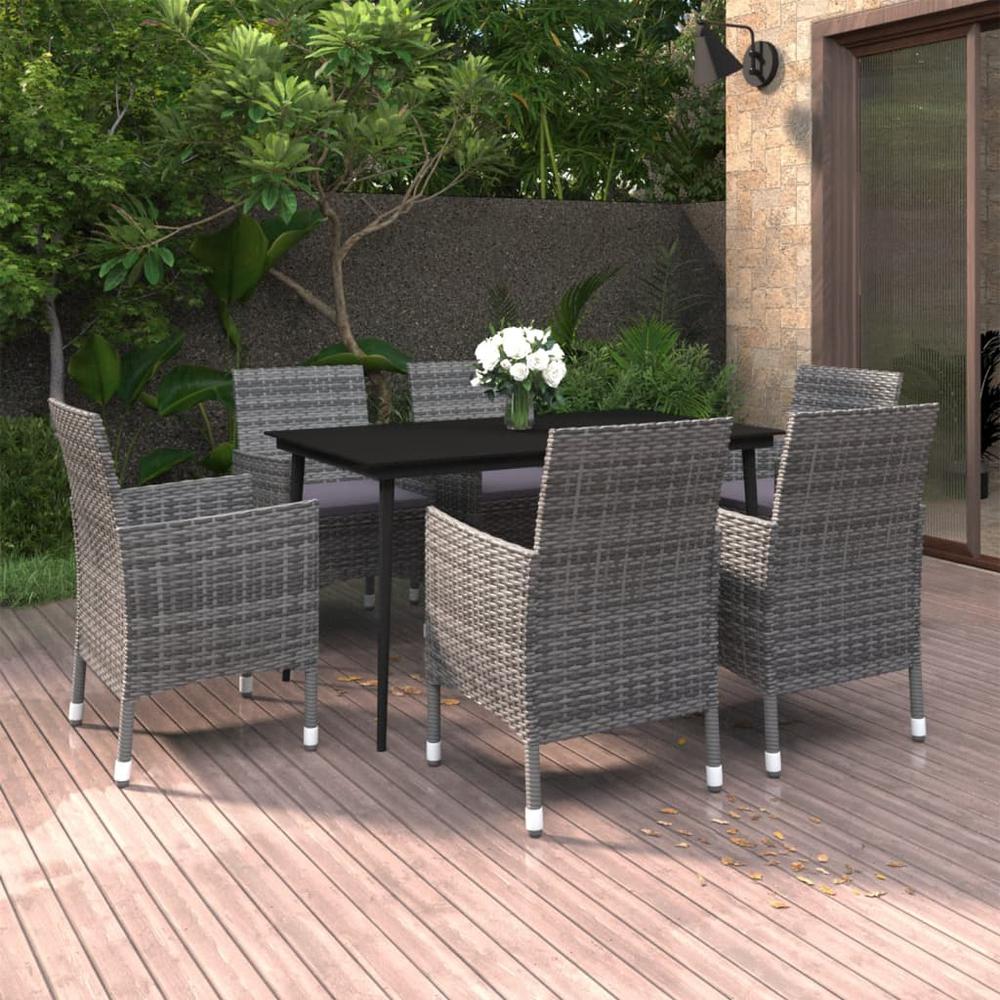 vidaXL 7 Piece Patio Dining Set with Cushions Poly Rattan and Glass, 3099742. Picture 1
