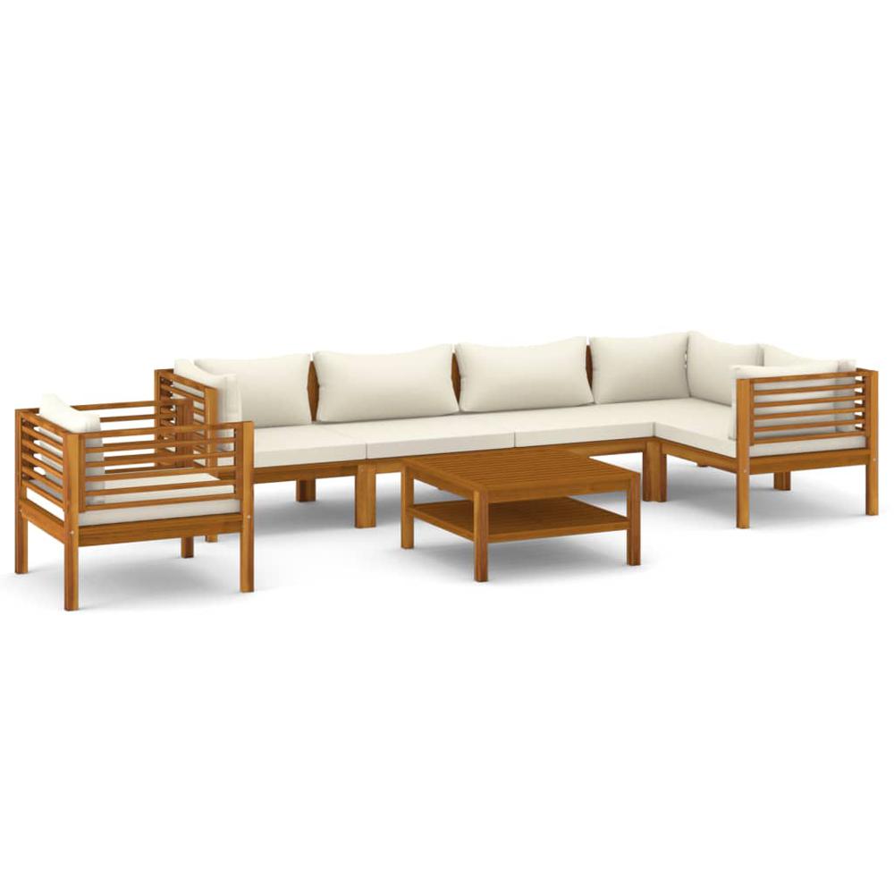 vidaXL 7 Piece Patio Lounge Set with Cream Cushion Solid Acacia Wood, 3086954. Picture 2