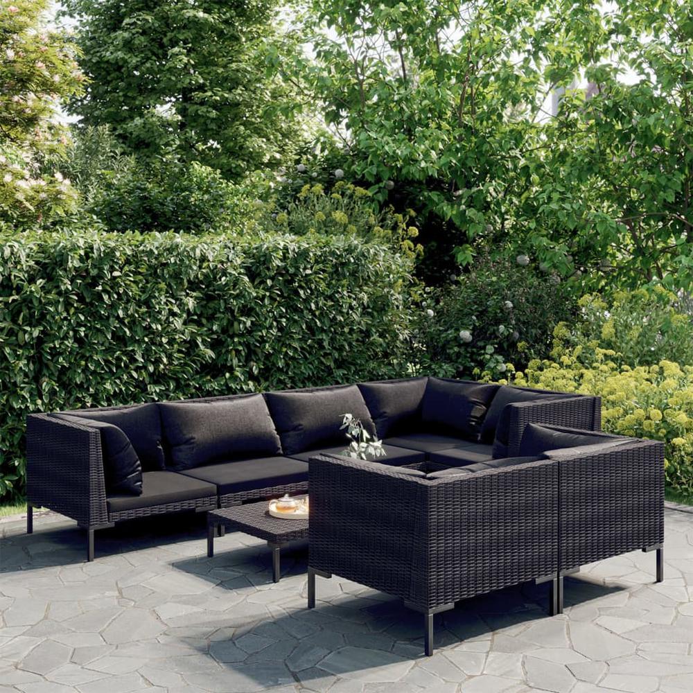 vidaXL 8 Piece Patio Lounge Set with Cushions Poly Rattan Dark Gray, 3099865. Picture 1