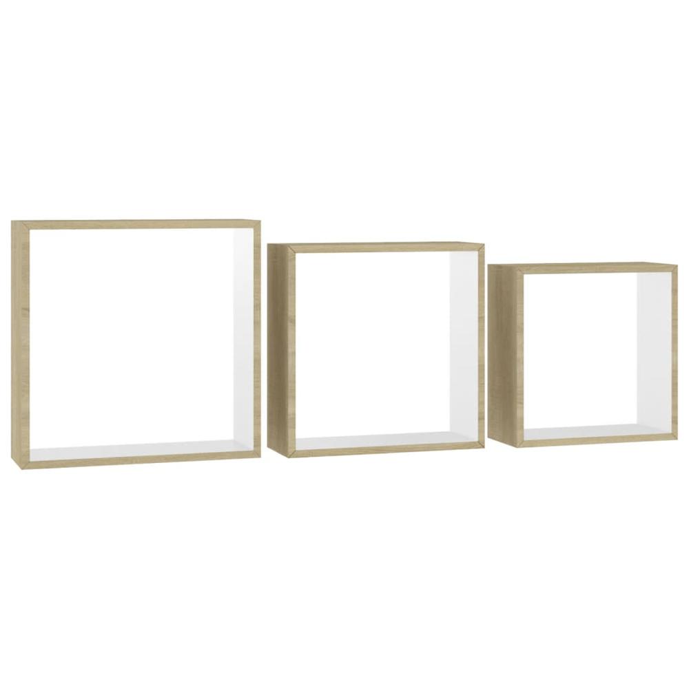 vidaXL Wall Cube Shelves 3 pcs White and Sonoma Oak. Picture 3