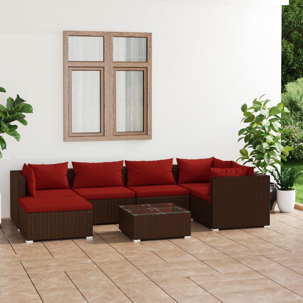 vidaXL 7 Piece Patio Lounge Set with Cushions Poly Rattan Brown, 3101819. Picture 1