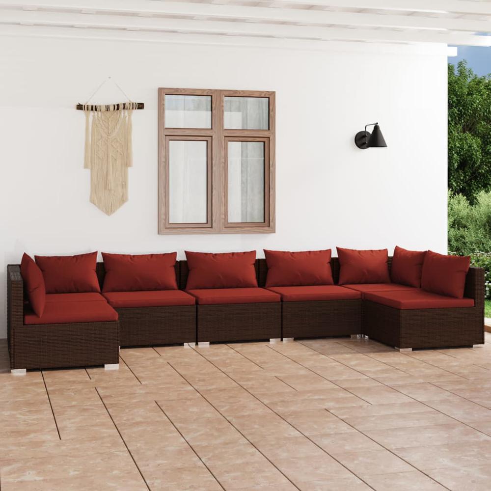 vidaXL 7 Piece Patio Lounge Set with Cushions Poly Rattan Brown, 3101891. Picture 1