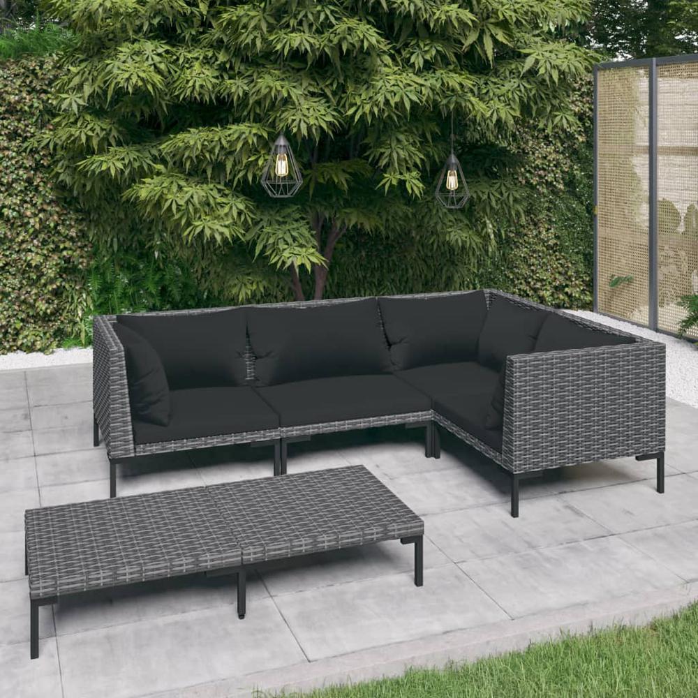 vidaXL 5 Piece Patio Lounge Set with Cushions Poly Rattan Dark Gray, 3099837. Picture 1