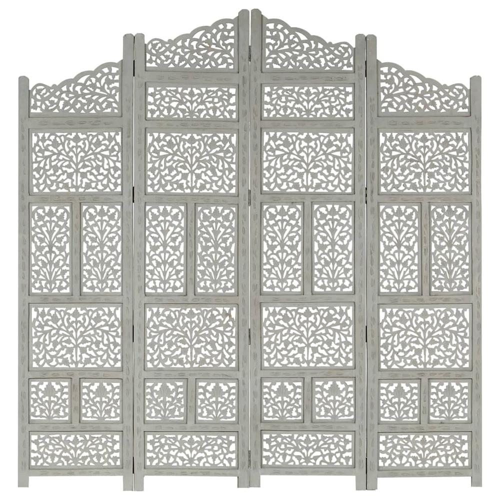 vidaXL Hand carved 4-Panel Room Divider Gray 63"x65" Solid Mango Wood, 285328. Picture 1