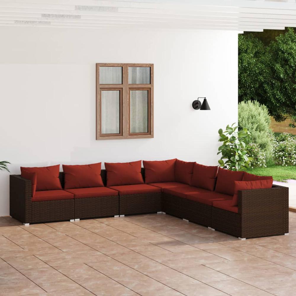 vidaXL 7 Piece Patio Lounge Set with Cushions Poly Rattan Brown, 3101747. Picture 1