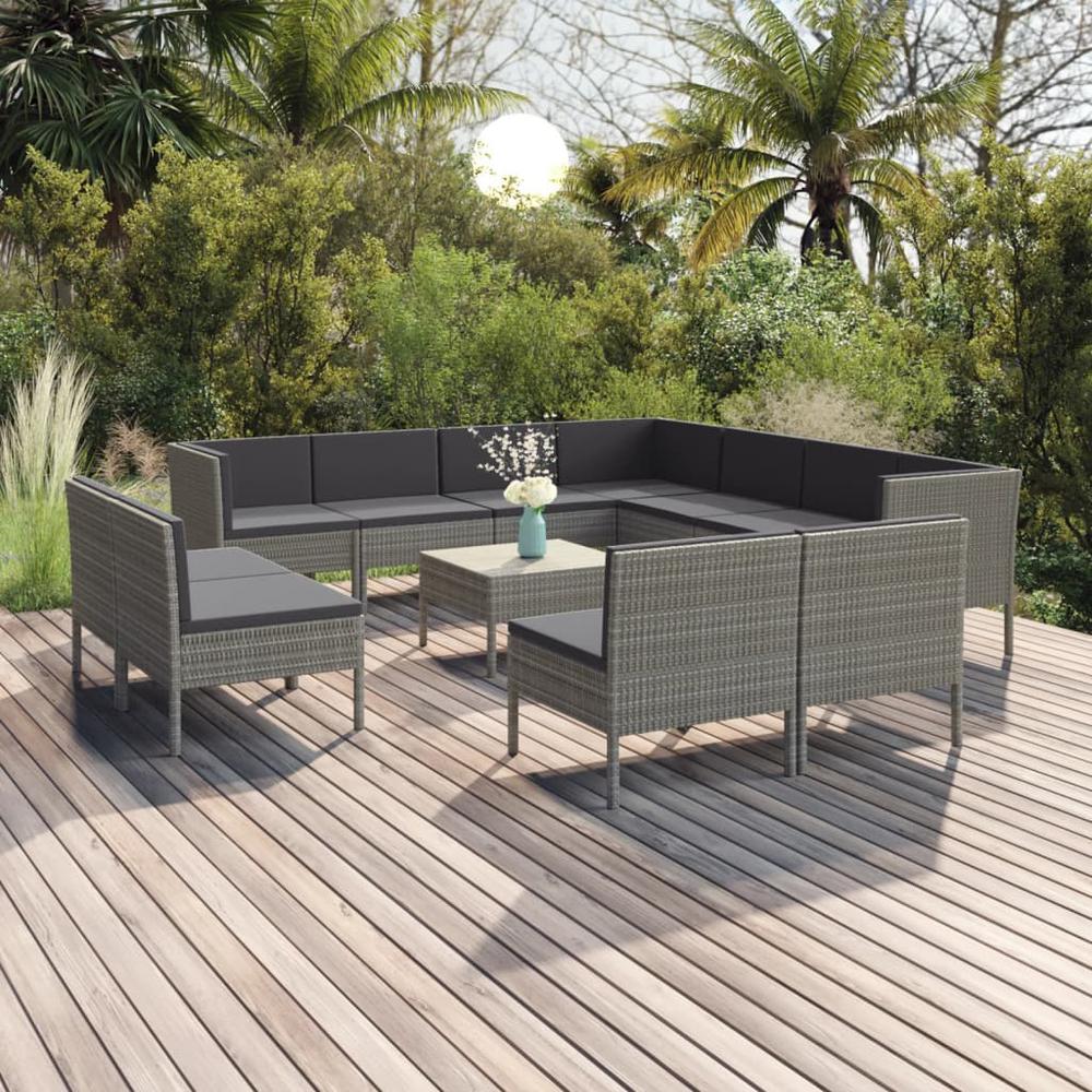 vidaXL 12 Piece Patio Lounge Set with Cushions Poly Rattan Gray, 3094482. Picture 1