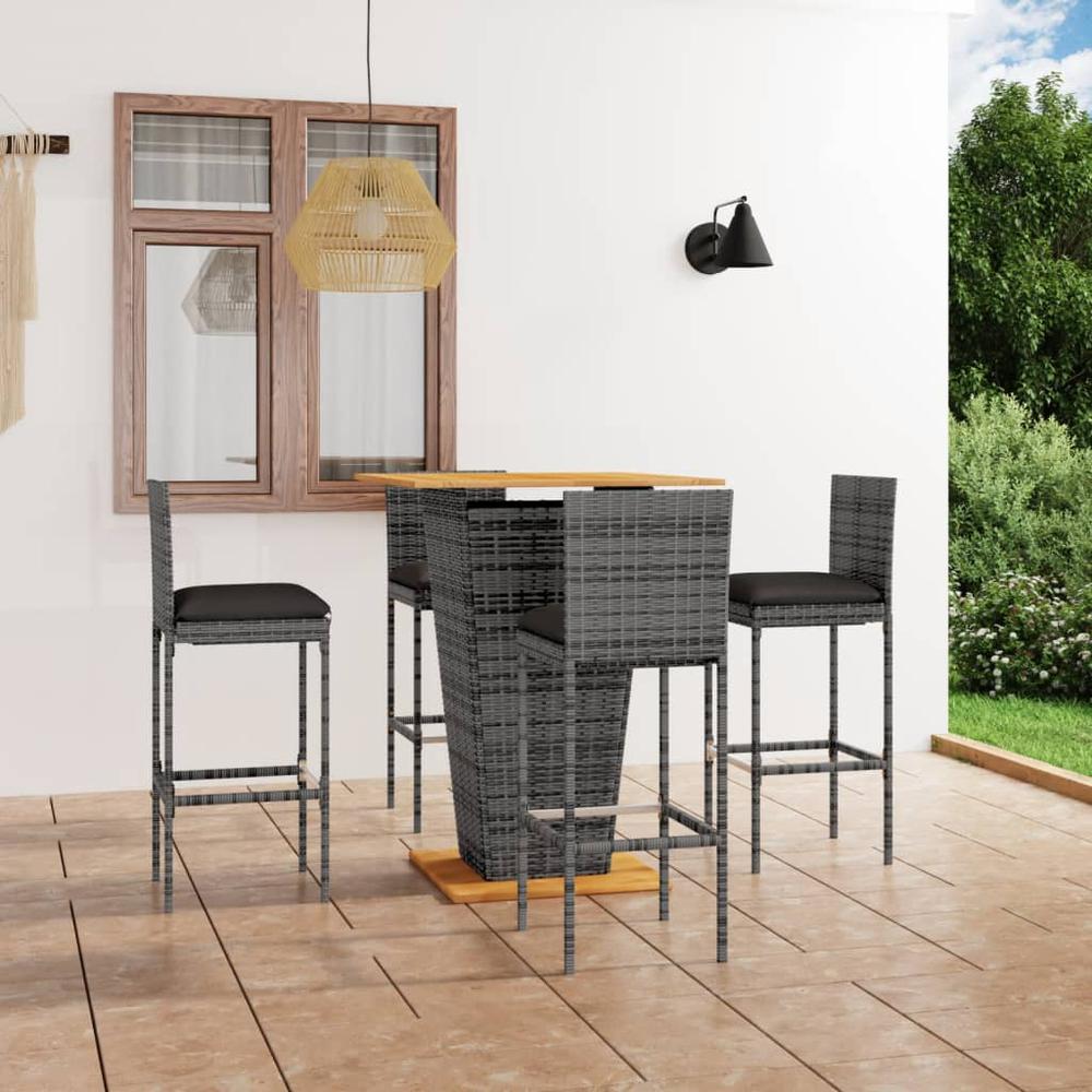 vidaXL 5 Piece Patio Bar Set with Cushions Poly Rattan Gray, 3064861. Picture 1