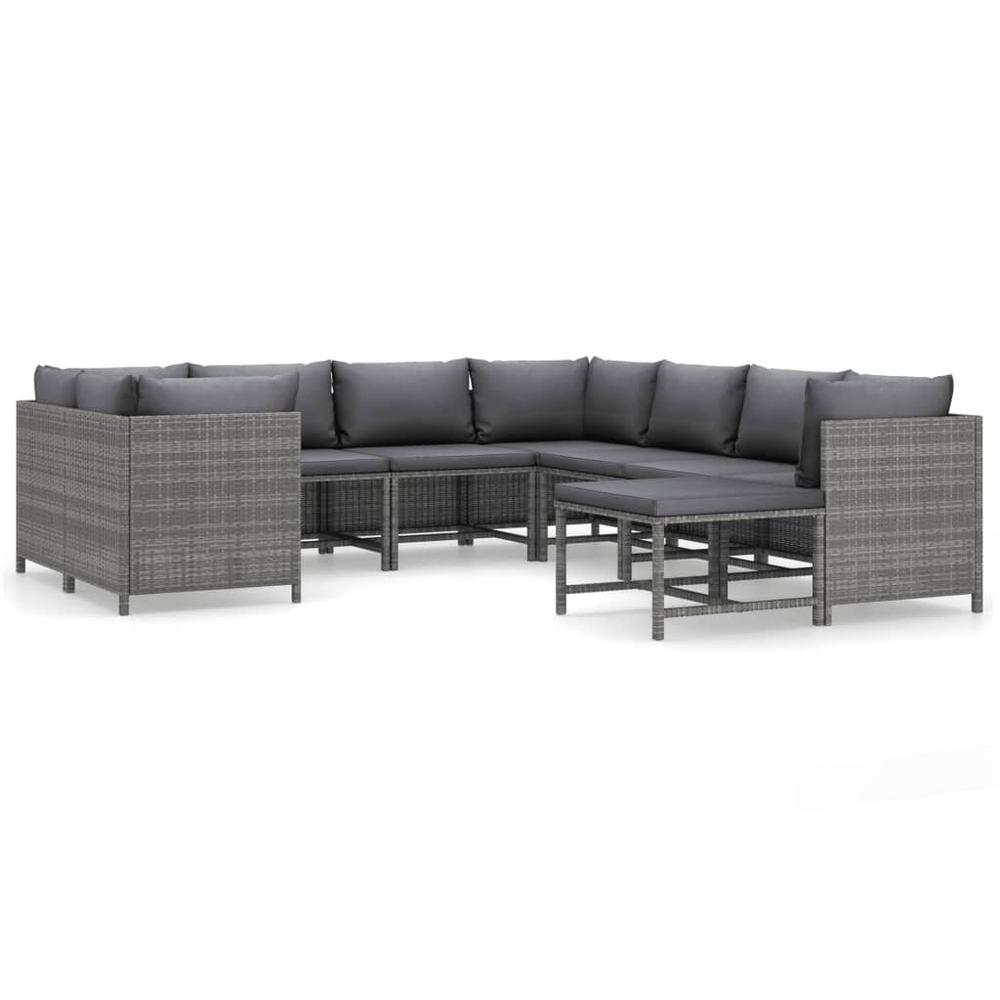 vidaXL 9 Piece Patio Lounge Set with Cushions Poly Rattan Gray, 3059765. Picture 1
