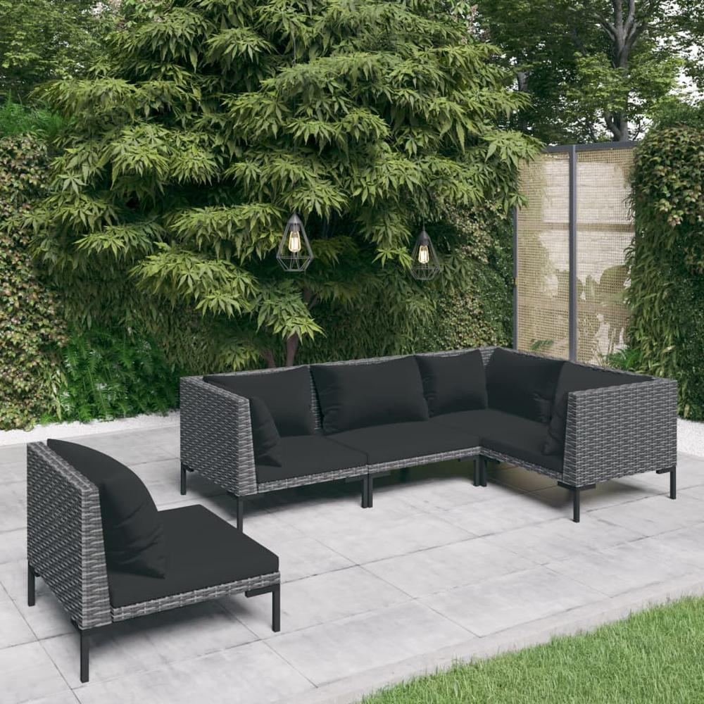 vidaXL 5 Piece Patio Lounge Set with Cushions Poly Rattan Dark Gray, 3099852. Picture 1