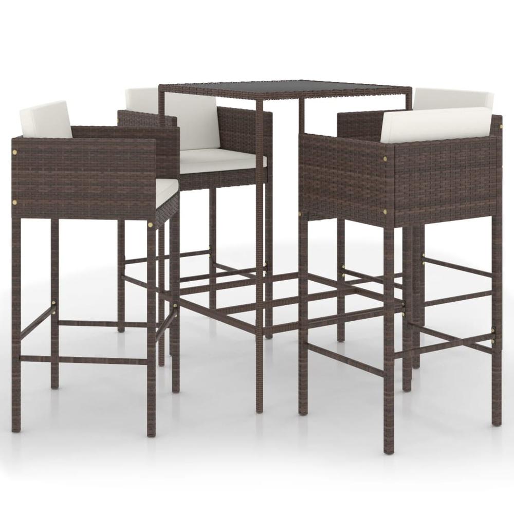 vidaXL 5 Piece Patio Bar Set with Cushions Poly Rattan Brown, 3094789. Picture 2