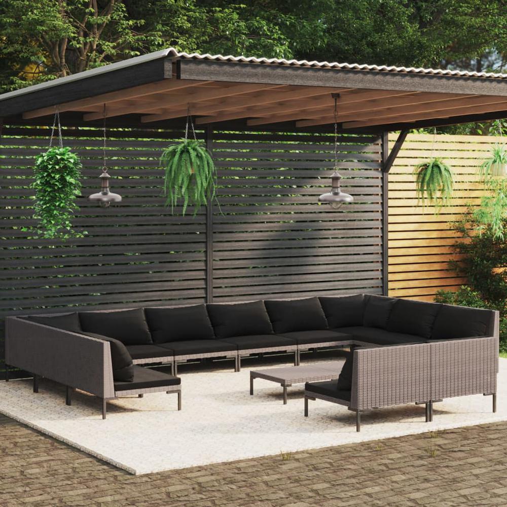 vidaXL 13 Piece Patio Lounge Set with Cushions Poly Rattan Dark Gray, 3099939. Picture 1