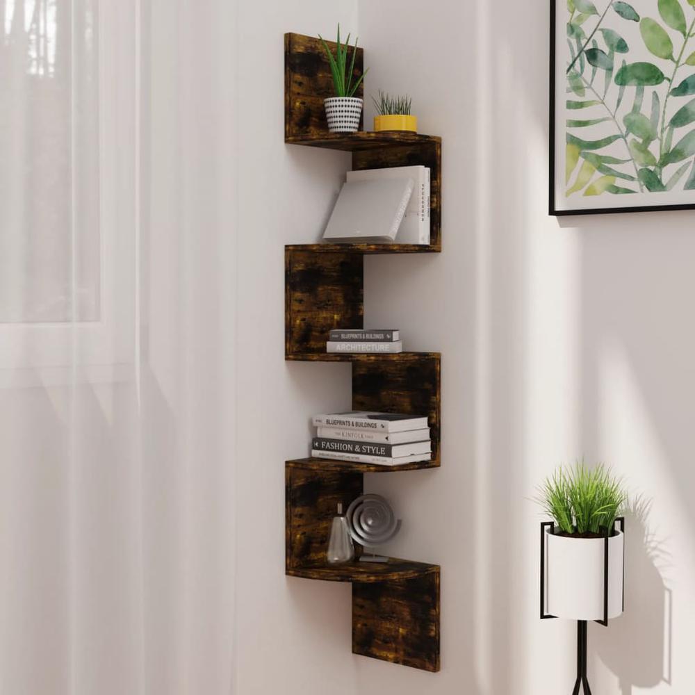 vidaXL Wall Corner Shelf Smoked Oak 7.5"x7.5"x48.4" Engineered Wood. Picture 1