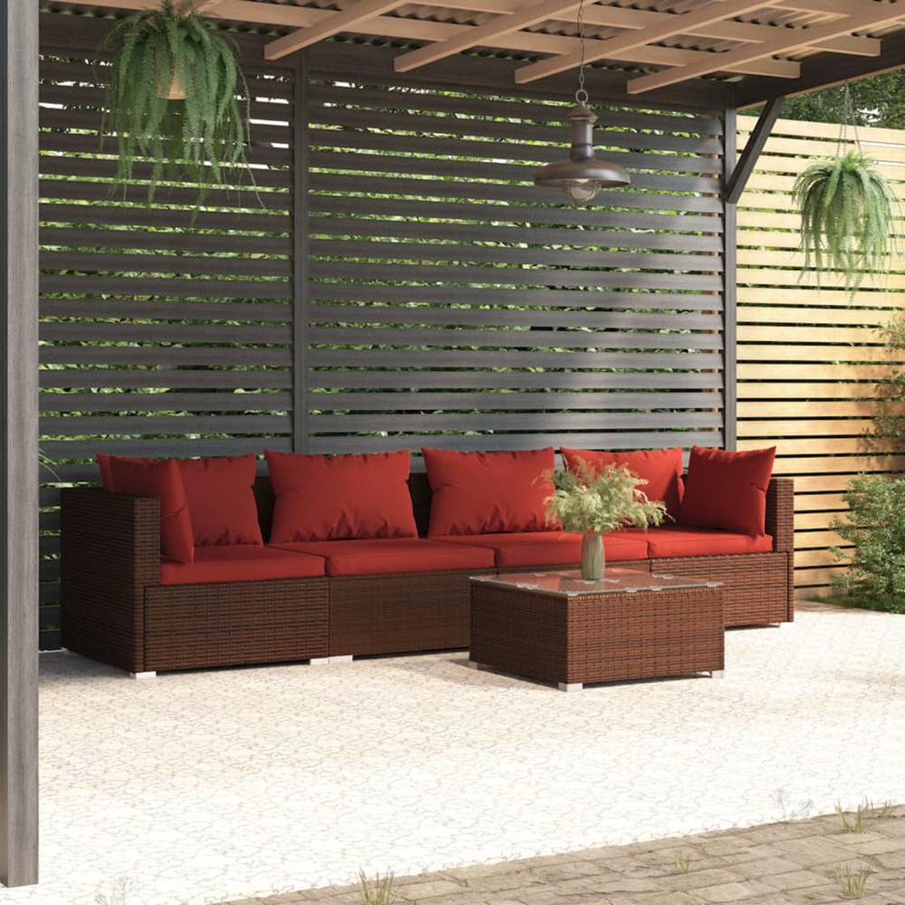 vidaXL 5 Piece Patio Lounge Set with Cushions Poly Rattan Brown, 3101435. Picture 1
