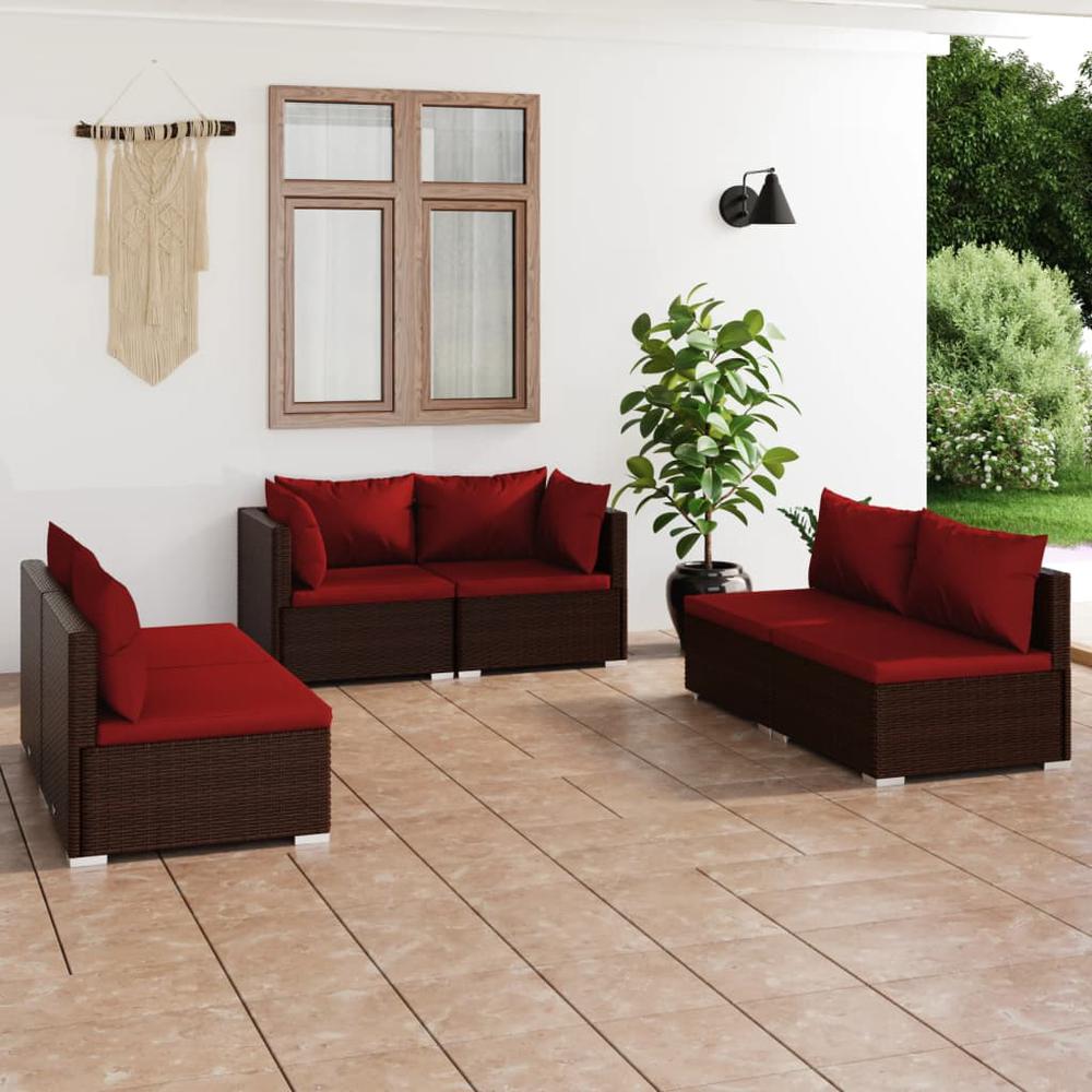 vidaXL 6 Piece Patio Lounge Set with Cushions Poly Rattan Brown, 3102211. Picture 1