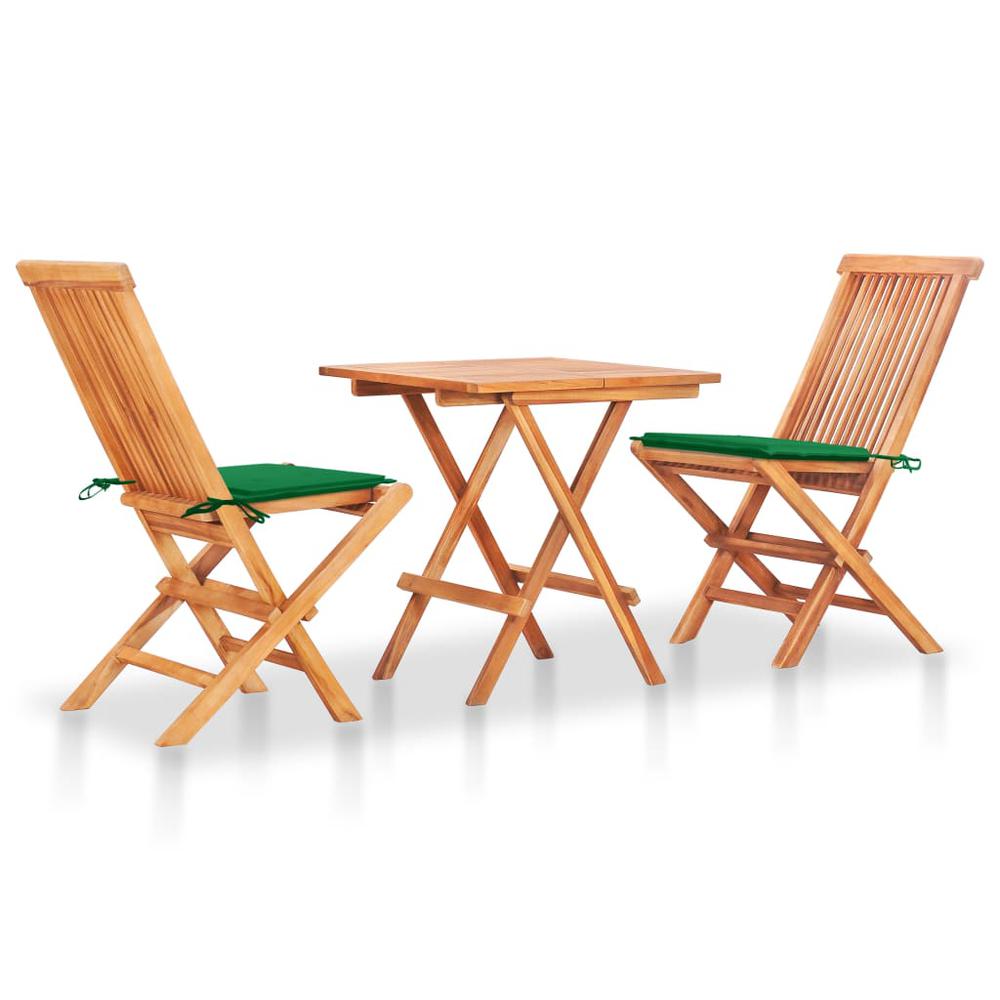 vidaXL 3 Piece Bistro Set with Green Cushions Solid Teak Wood. Picture 1