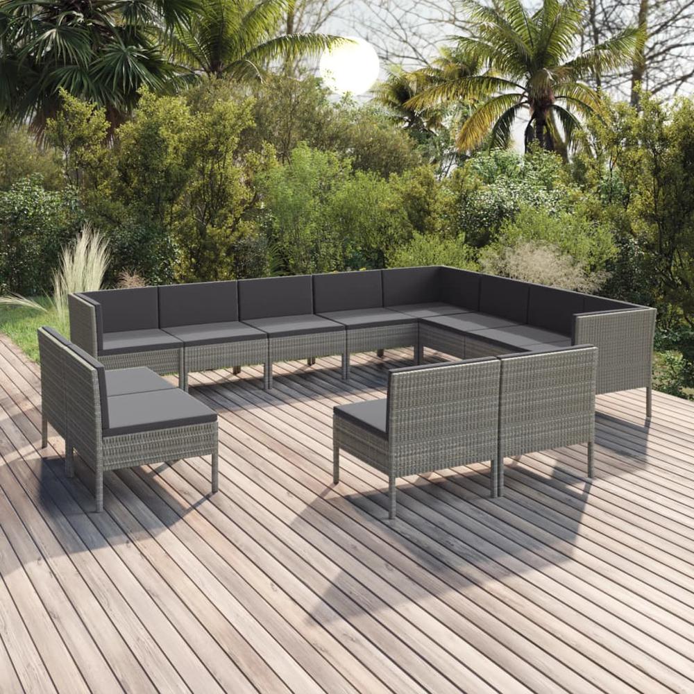 vidaXL 12 Piece Patio Lounge Set with Cushions Poly Rattan Gray, 3094486. Picture 1