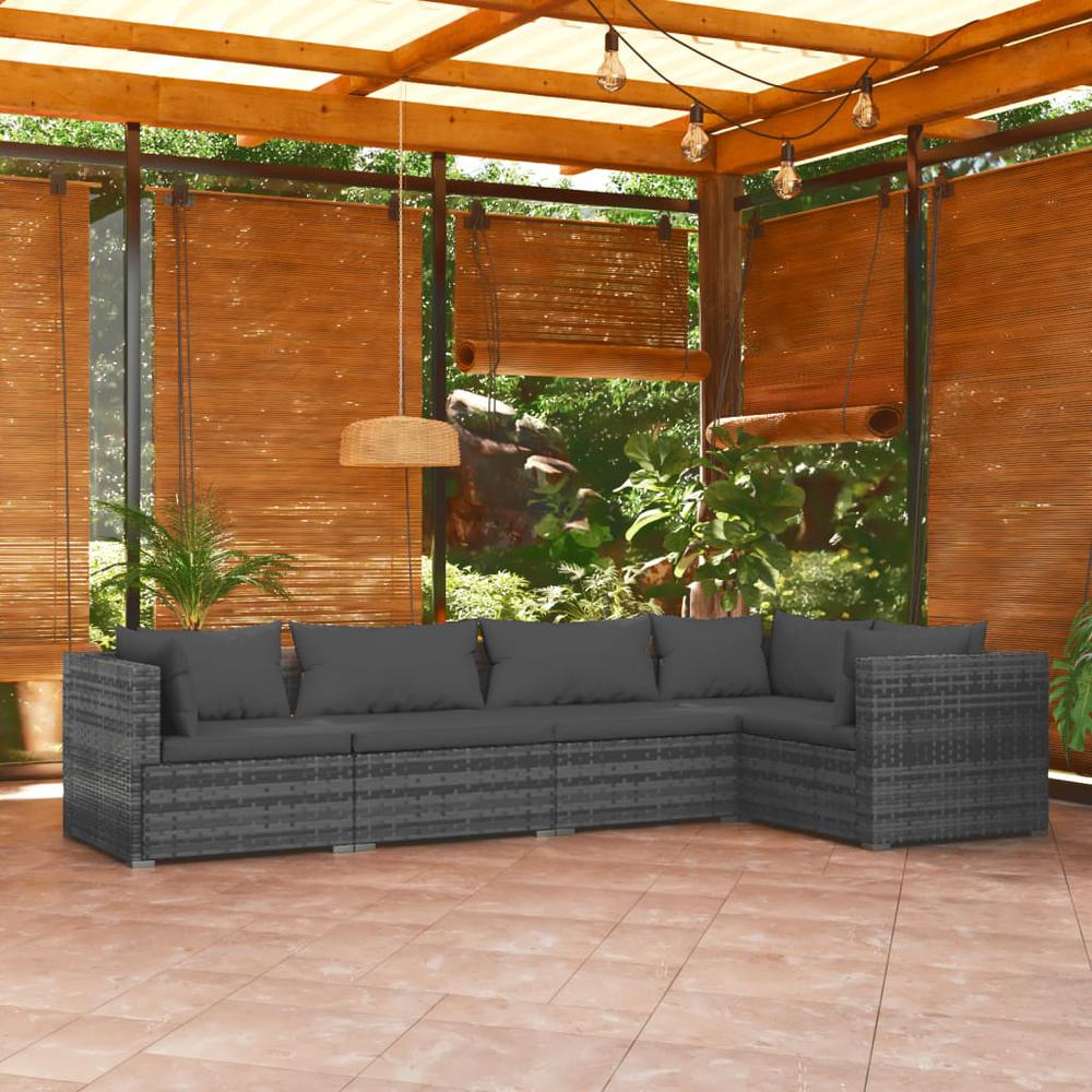 vidaXL 5 Piece Patio Lounge Set with Cushions Poly Rattan Gray, 3101693. Picture 1