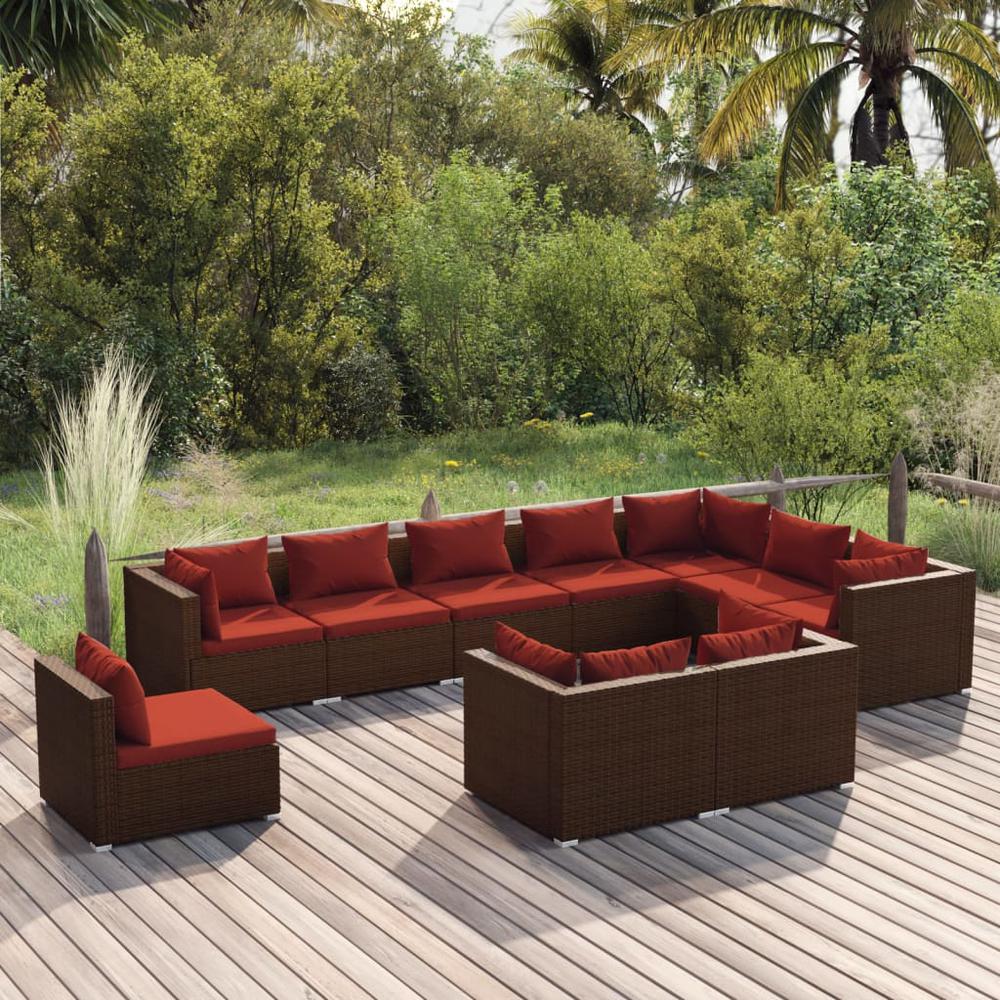 vidaXL 10 Piece Patio Lounge Set with Cushions Poly Rattan Brown, 3102659. Picture 1
