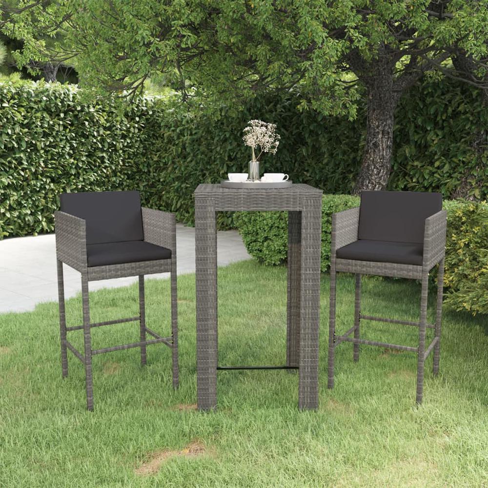 vidaXL 3 Piece Patio Bar Set with Cushions Poly Rattan Gray, 3094779. The main picture.