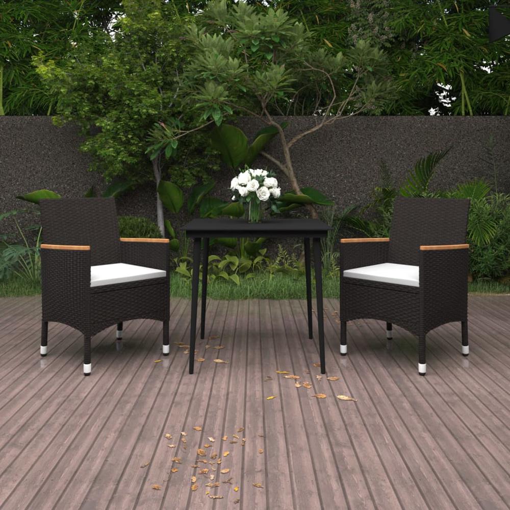 vidaXL 3 Piece Patio Dining Set with Cushions Poly Rattan and Glass, 3099781. Picture 1