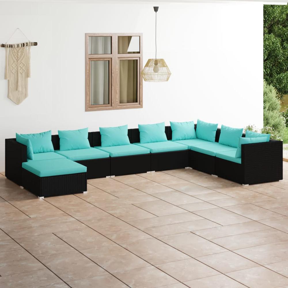 vidaXL 8 Piece Patio Lounge Set with Cushions Poly Rattan Black, 3101857. Picture 1