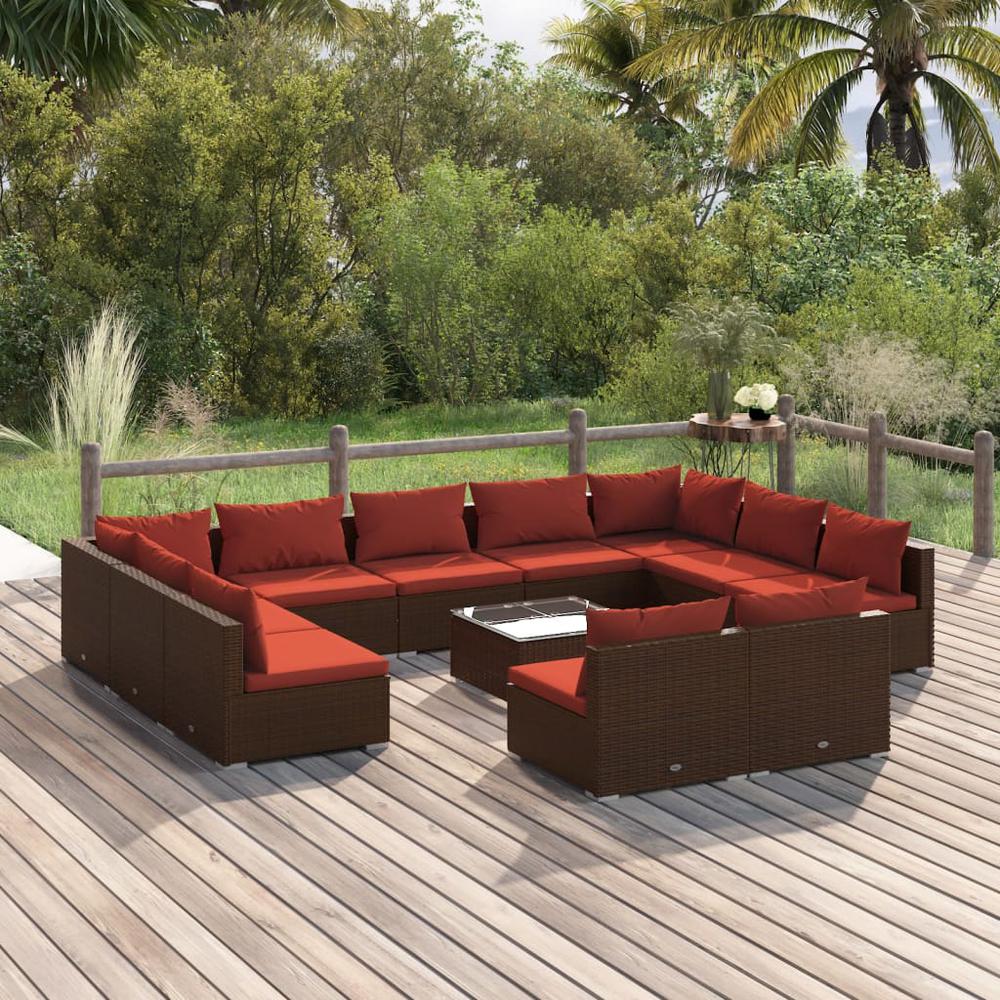 vidaXL 12 Piece Patio Lounge Set with Cushions Brown Poly Rattan, 3102131. Picture 1