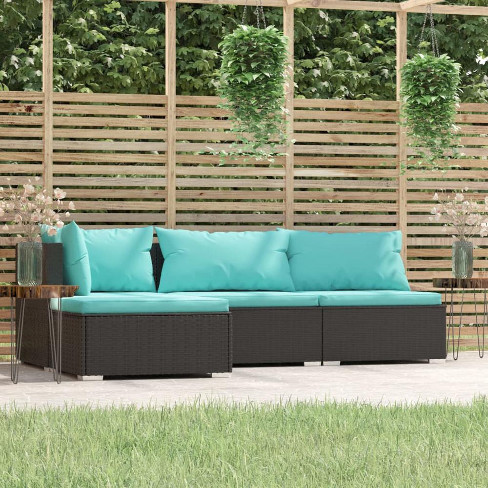 vidaXL 4 Piece Patio Lounge Set with Cushions Black Poly Rattan, 317534. Picture 1