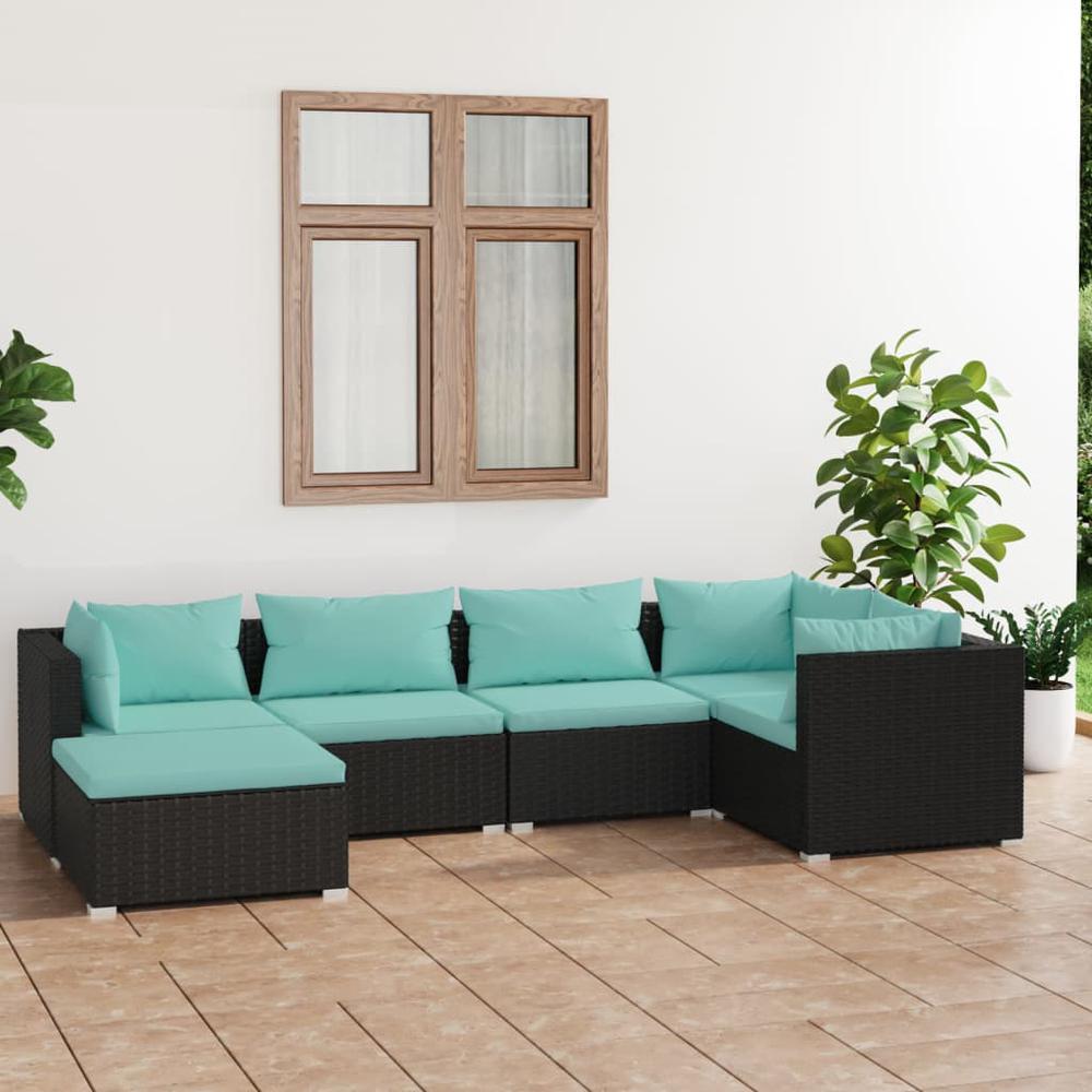 vidaXL 6 Piece Patio Lounge Set with Cushions Poly Rattan Black, 3101809. Picture 1