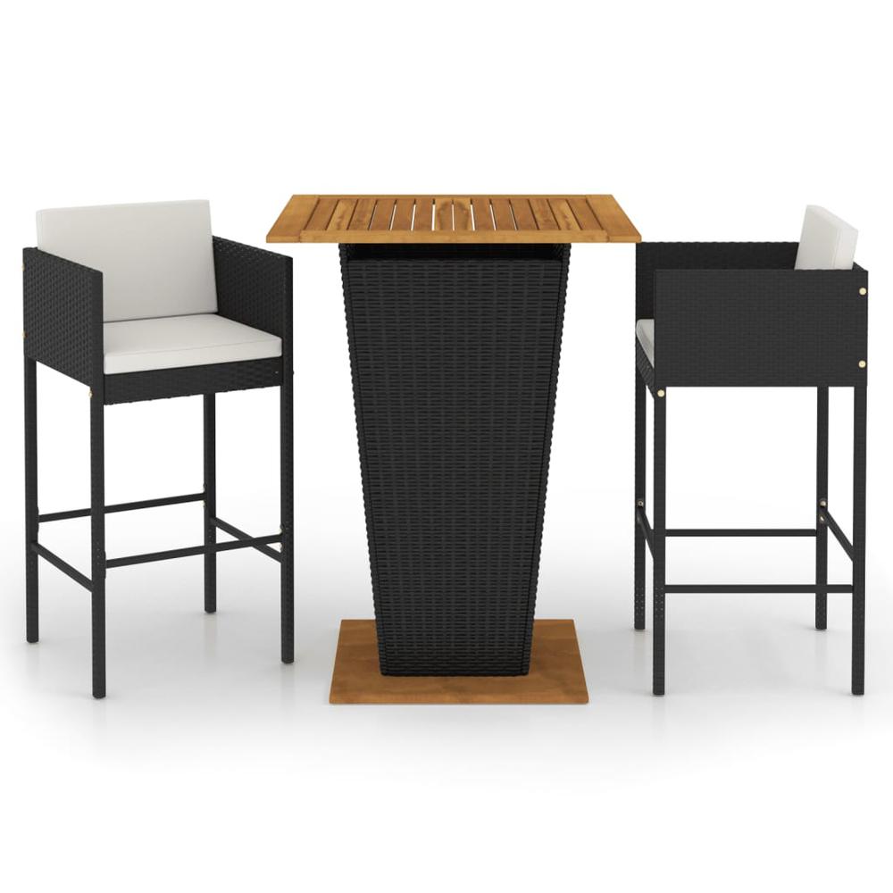 vidaXL 3 Piece Patio Bar Set with Cushions Poly Rattan Black, 3094802. Picture 2
