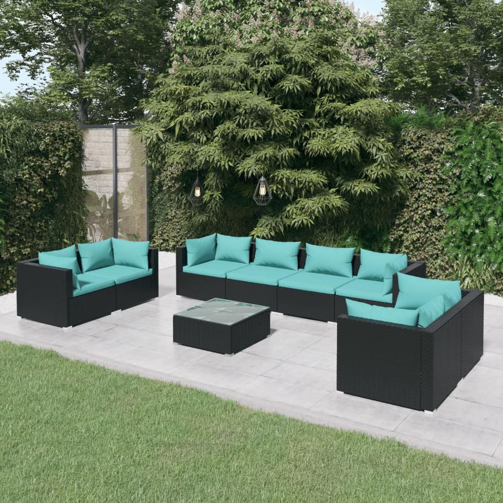 vidaXL 9 Piece Patio Lounge Set with Cushions Poly Rattan Black, 3102289. Picture 1