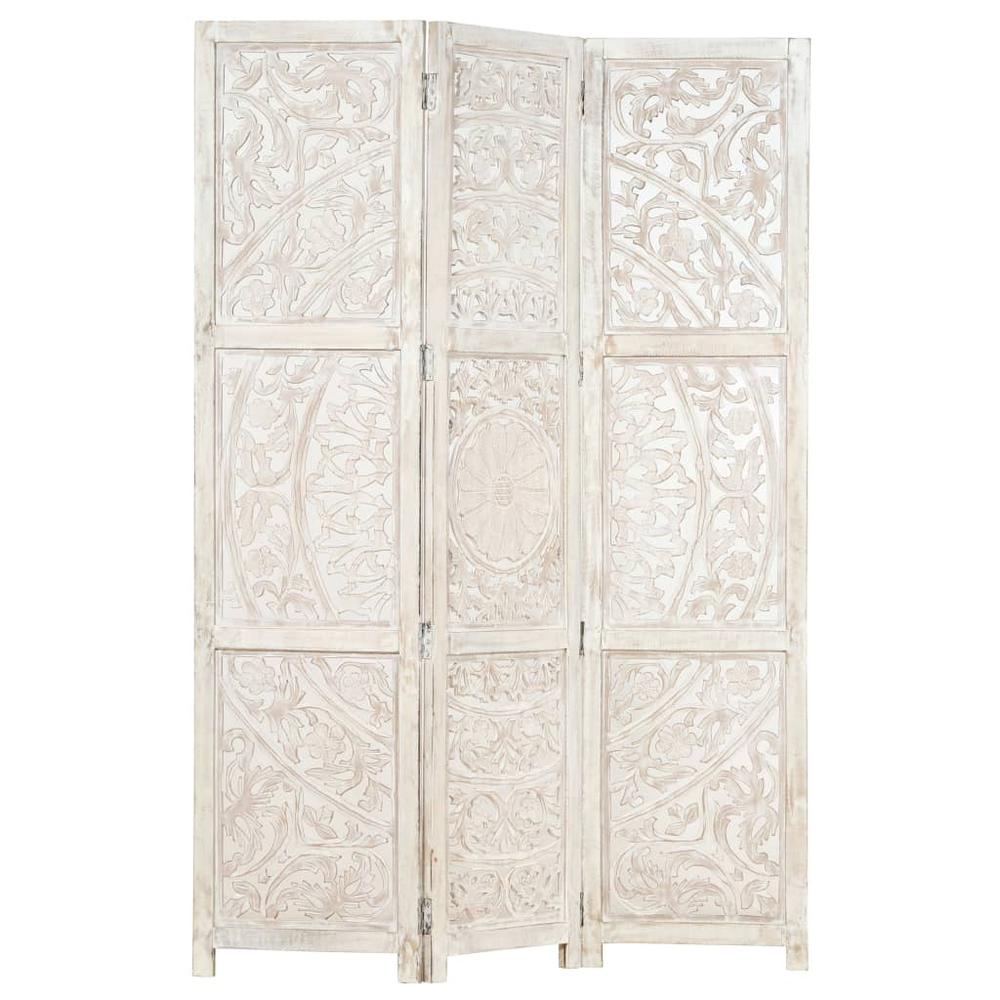 vidaXL Hand carved 3-Panel Room Divider White 47.2"x65" Solid Mango Wood, 285336. Picture 1