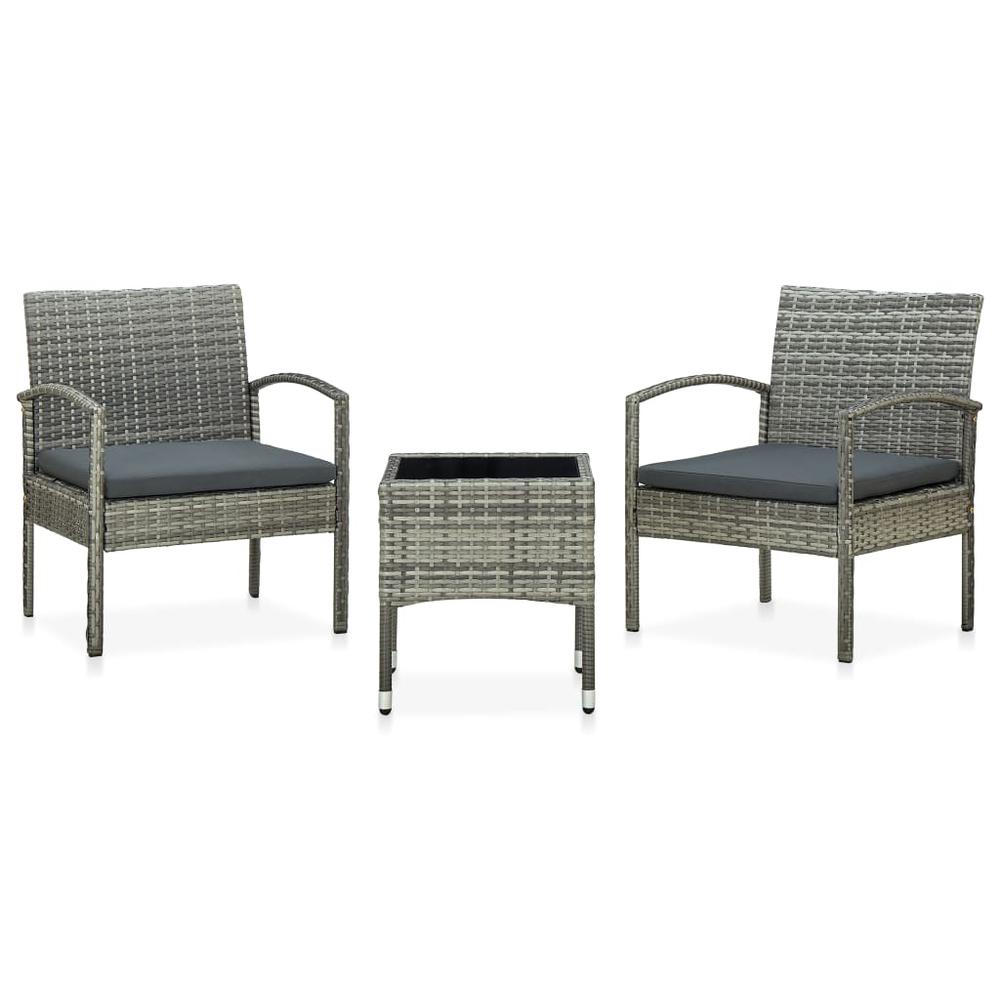 vidaXL 3 Piece Bistro Set with Cushions Poly Rattan Gray. Picture 1