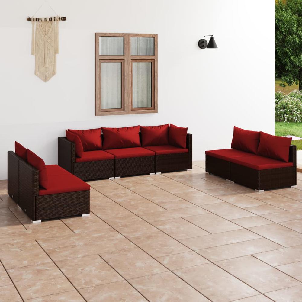 vidaXL 7 Piece Patio Lounge Set with Cushions Poly Rattan Brown, 3102235. Picture 1