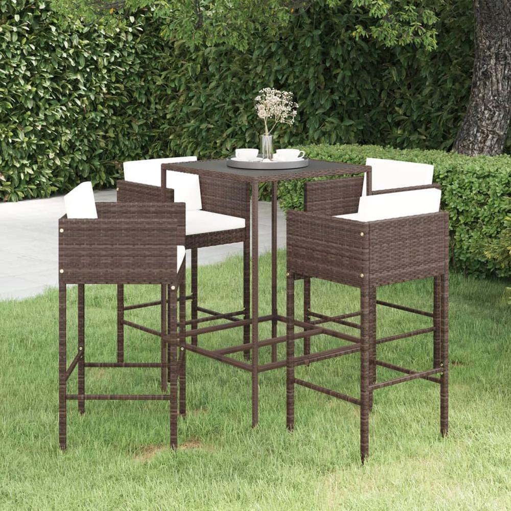 vidaXL 5 Piece Patio Bar Set with Cushions Poly Rattan Brown, 3094789. Picture 1