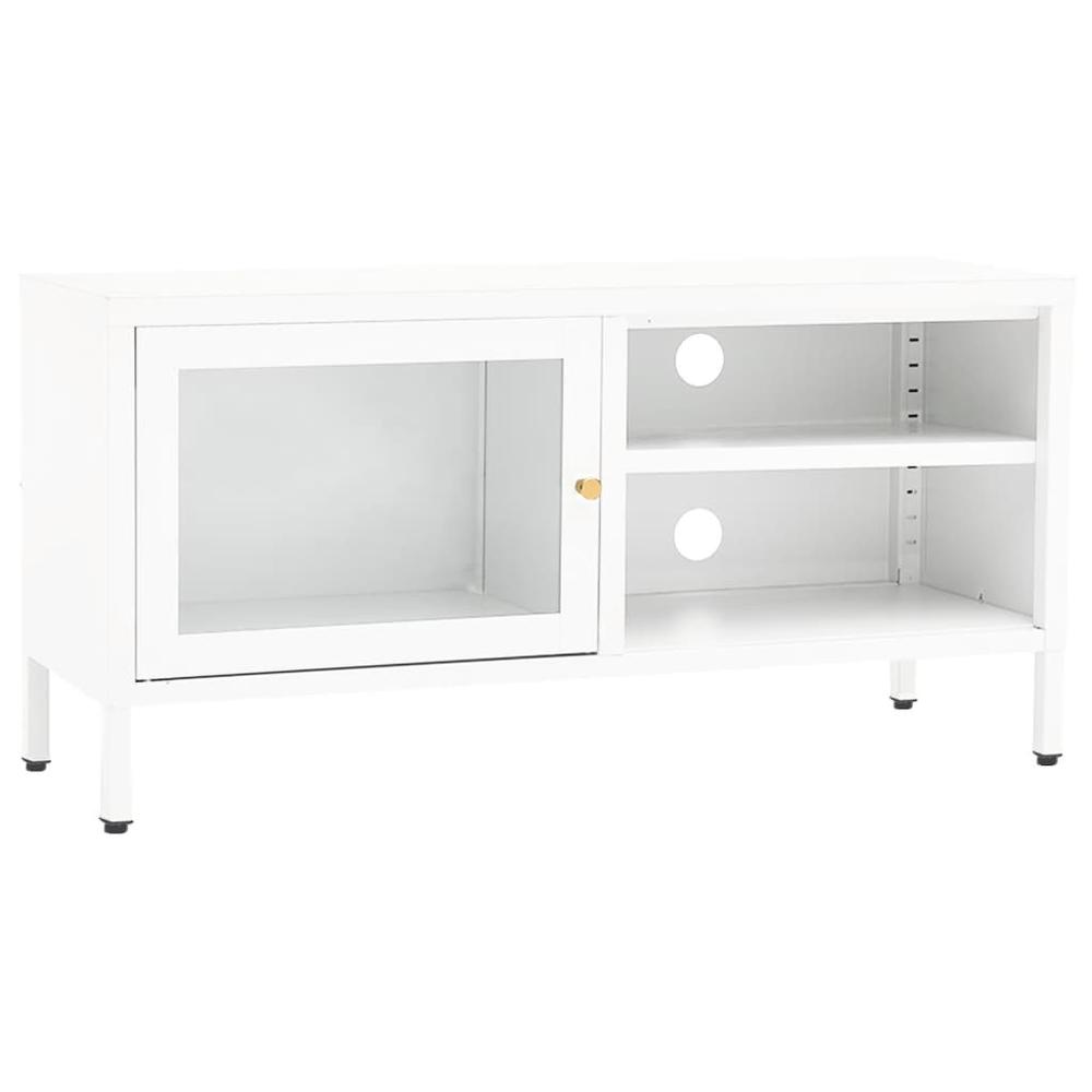 vidaXL TV Cabinet White 35.4"x11.8"x17.3" Steel and Glass. Picture 2