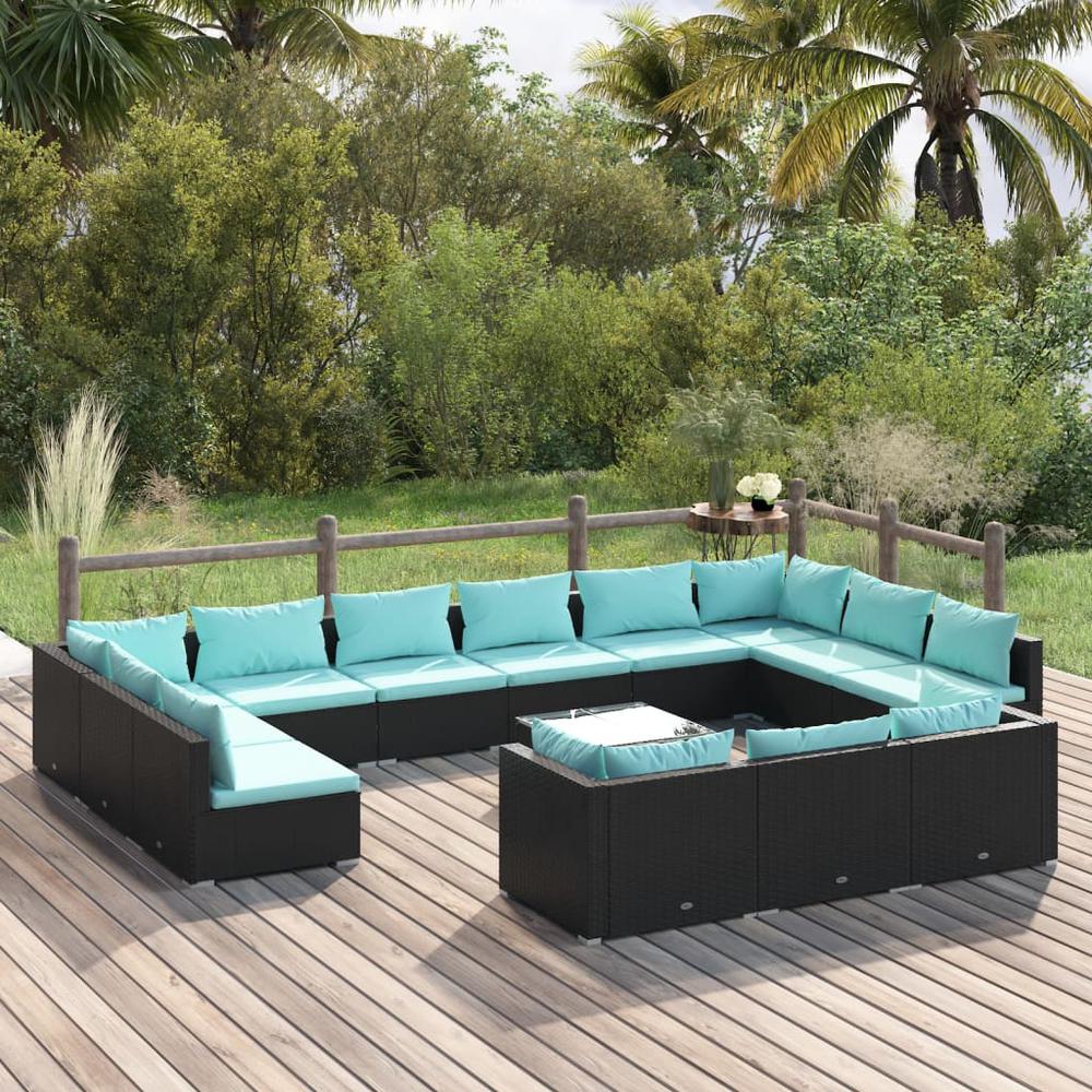 vidaXL 14 Piece Patio Lounge Set with Cushions Black Poly Rattan, 3102113. Picture 1