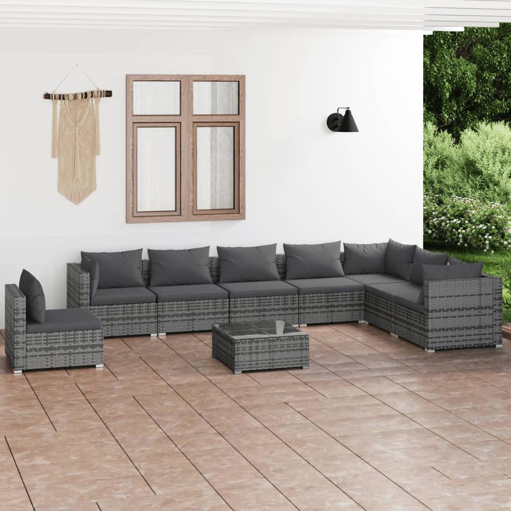 vidaXL 9 Piece Patio Lounge Set with Cushions Poly Rattan Gray, 3102381. Picture 1