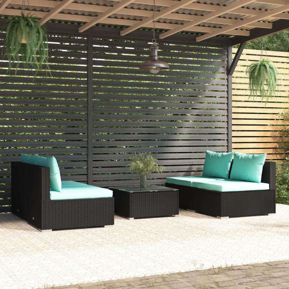 vidaXL 5 Piece Patio Lounge Set with Cushions Poly Rattan Black, 3101441. Picture 1