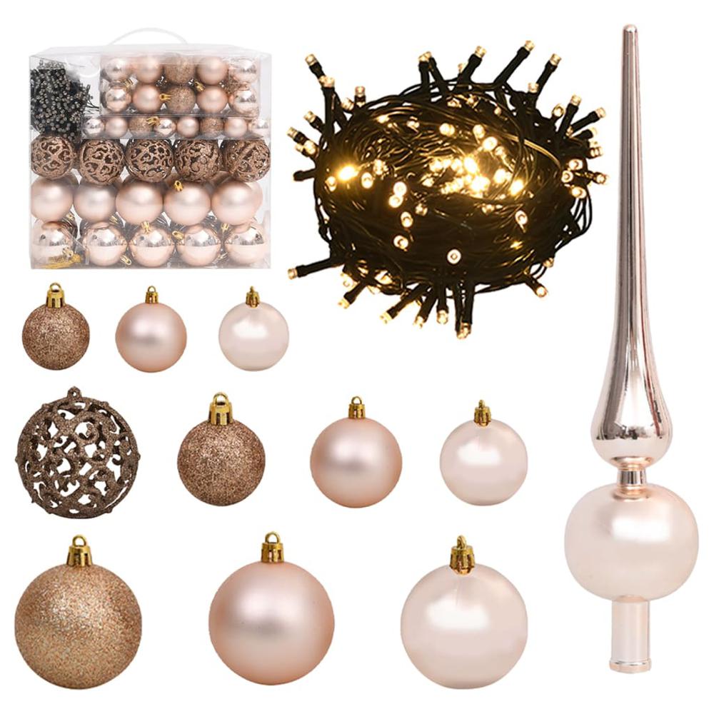 vidaXL 120 Piece Christmas Ball Set with Peak and 300 LEDs Rose Gold. Picture 1