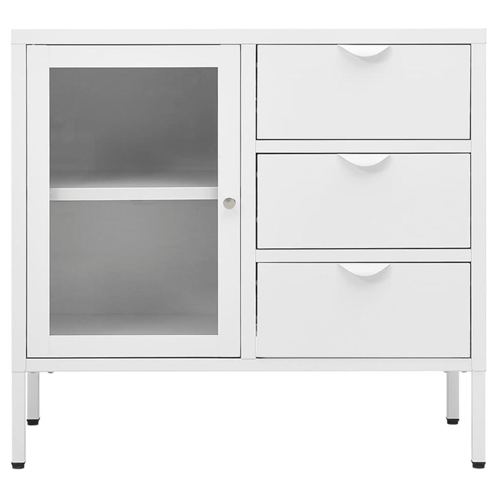 vidaXL Sideboard White 29.5"x13.8"x27.6" Steel and Tempered Glass. Picture 3