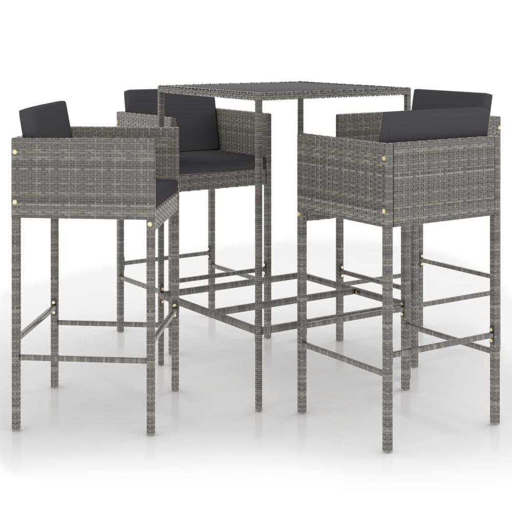 vidaXL 5 Piece Patio Bar Set with Cushions Poly Rattan Gray, 3094791. Picture 2