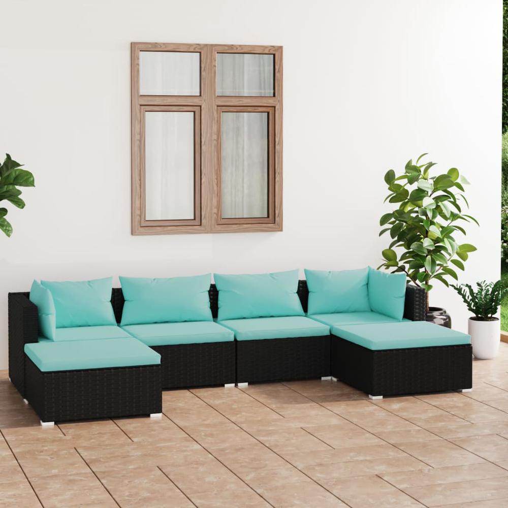vidaXL 6 Piece Patio Lounge Set with Cushions Poly Rattan Black, 3101801. Picture 1