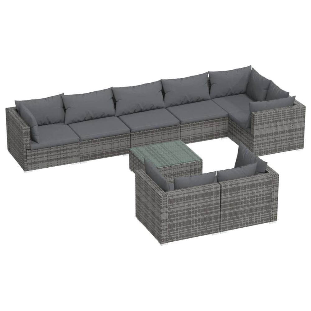 vidaXL 9 Piece Patio Lounge Set with Cushions Gray Poly Rattan, 3102493. Picture 2