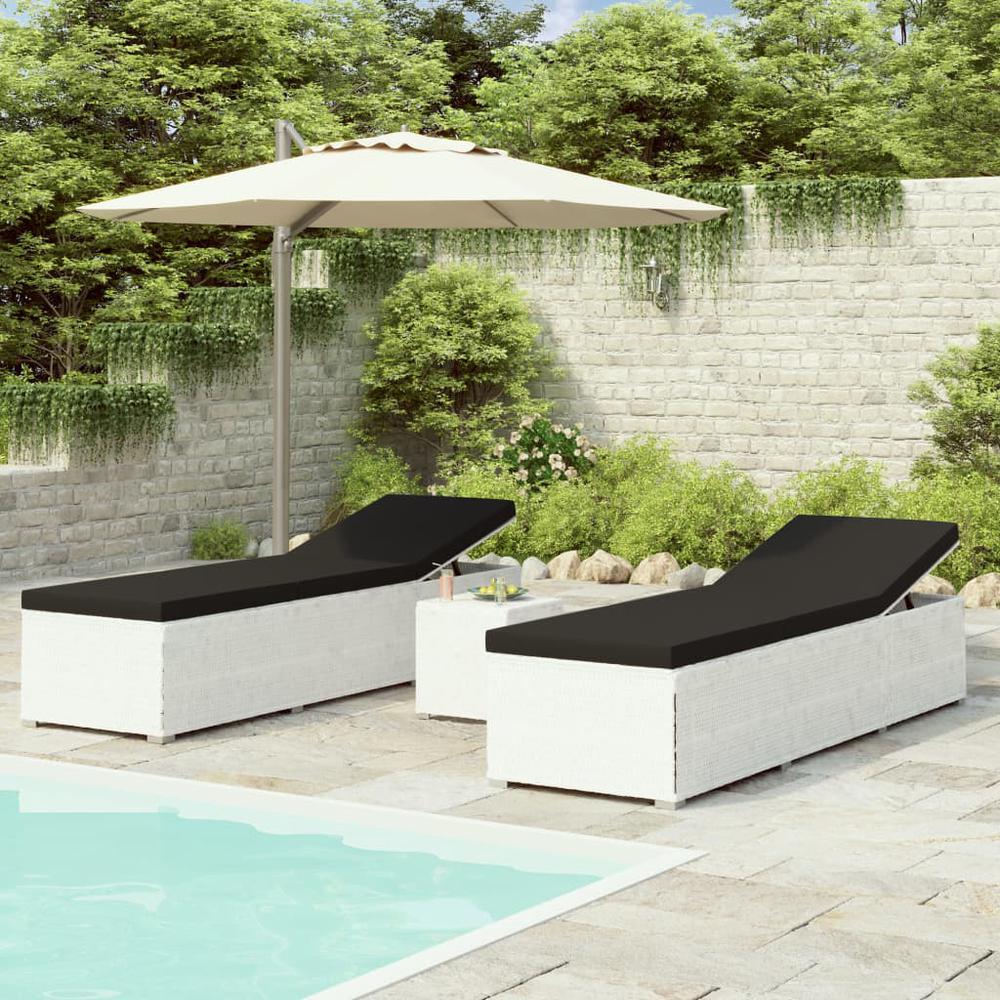 vidaXL 3 Piece Patio Sun Loungers with Tea Table Poly Rattan White. Picture 1