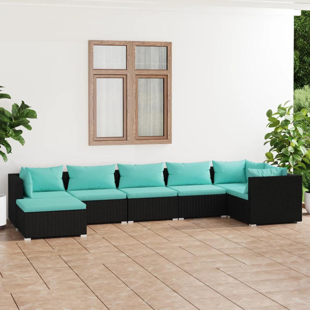 vidaXL 7 Piece Patio Lounge Set with Cushions Poly Rattan Black, 3101825. Picture 1