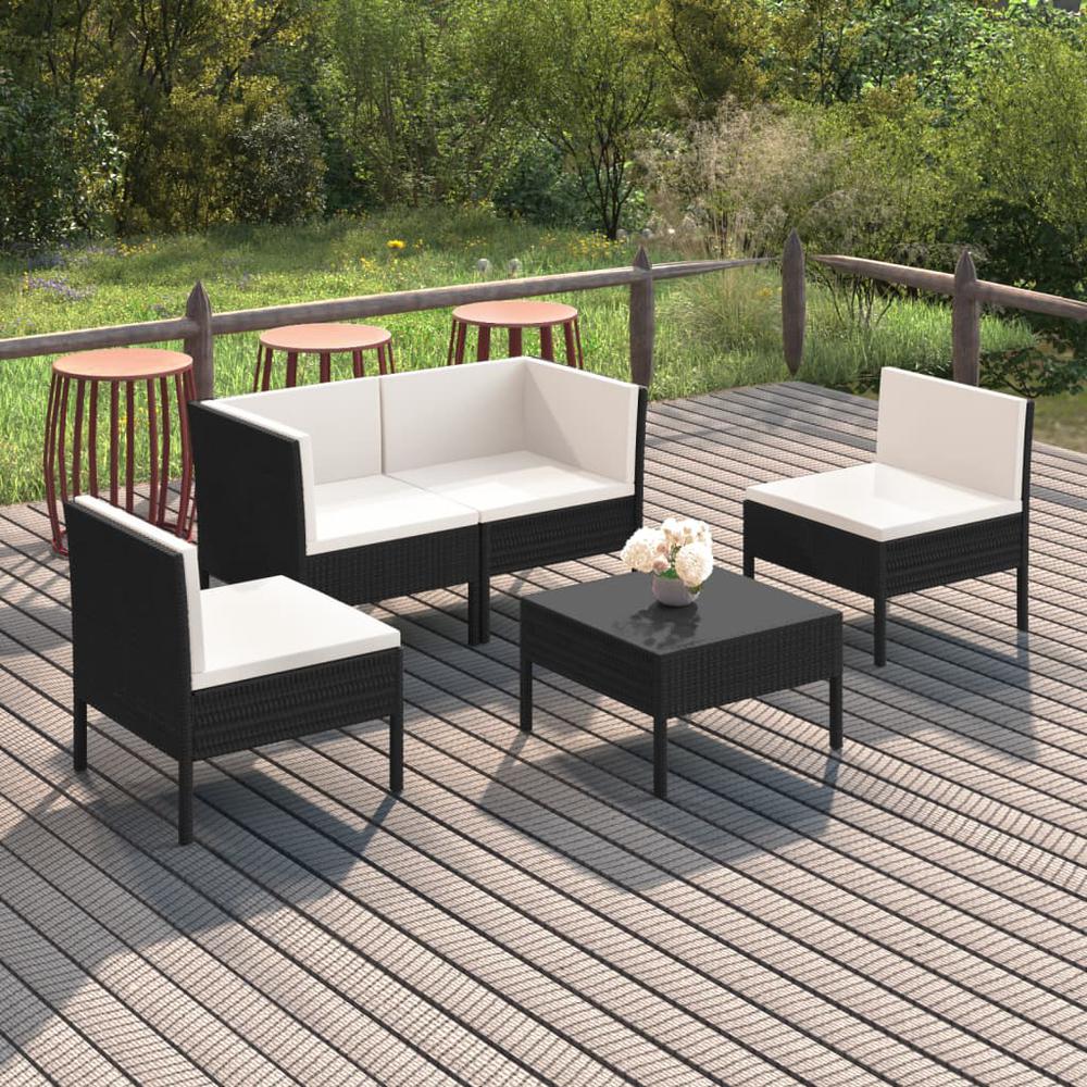 vidaXL 5 Piece Patio Lounge Set with Cushions Poly Rattan Black, 3094340. Picture 1