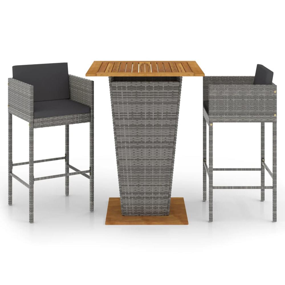 vidaXL 3 Piece Patio Bar Set with Cushions Poly Rattan Gray, 3094803. Picture 2