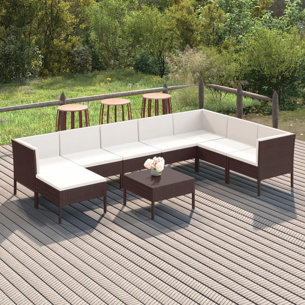 vidaXL 9 Piece Patio Lounge Set with Cushions Poly Rattan Brown, 3094423. Picture 1