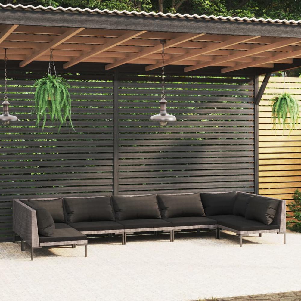 vidaXL 7 Piece Patio Lounge Set with Cushions Poly Rattan Dark Gray, 3099920. Picture 1